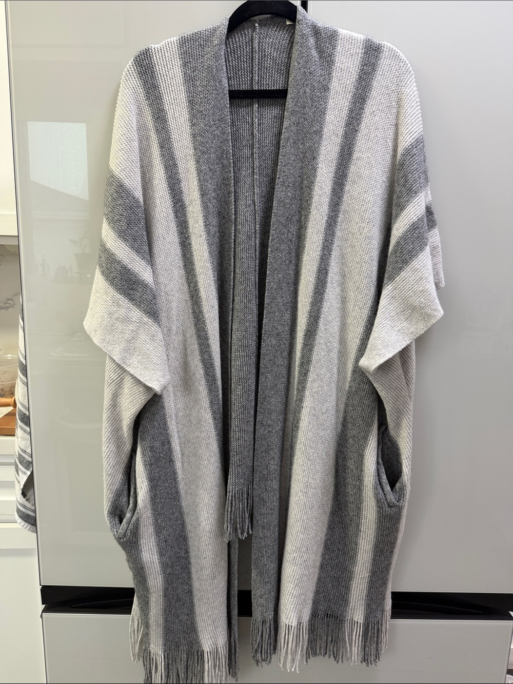 Lucky Brand Gray & Light Gray Striped Open-Front Knit Wrap high low